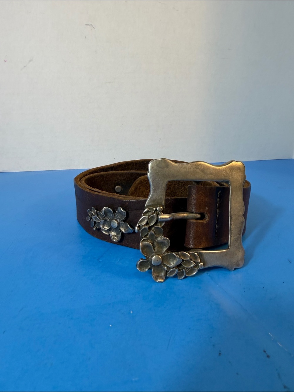 Brown Leather Floral Buckle Belt